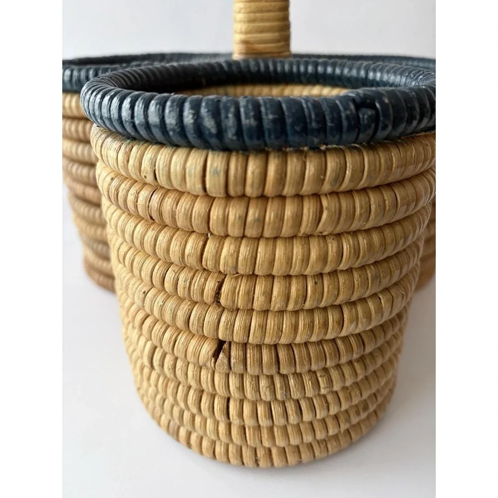 Vintage Woven Rattan 3‎ Compartment Caddy Basket w Handle Boho